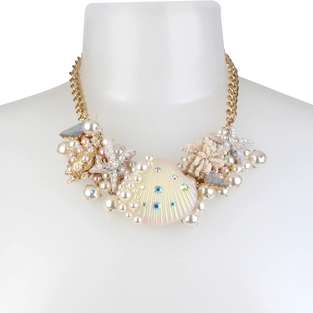 Betsey Johnson Pearl Shell Statement Necklace white chunky gold